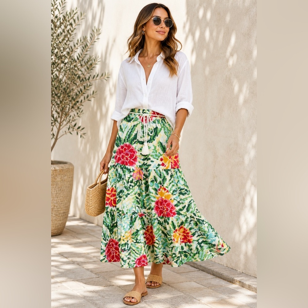 NWT! Unsubscribed Floral Tiered Floral Skirt Size 12 Tropical Vacation Boho